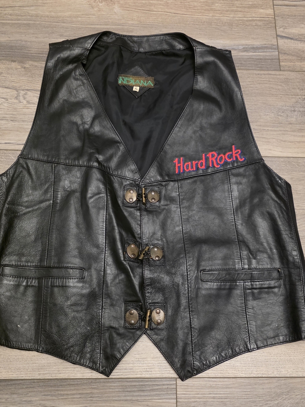 Vintage RARE Hard Rock Cafe Indiana Black Leather Biker Motorcycle Vest XL